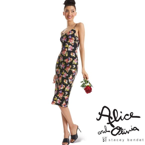 ALICE + OLIVIA *NWT* Delora Spaghetti Strap Fitted MIDI Dress in Magnolia Floral - Picture 10 of 12